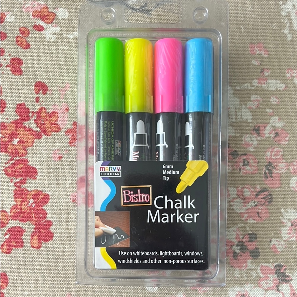 New, Bistro Chalk Marker Set of 4 Neon Colors by Marvy Uchida, 6mm Medium Tip